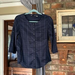 Toad and Company, size extra small, dark blue and purple pattern, button up,
